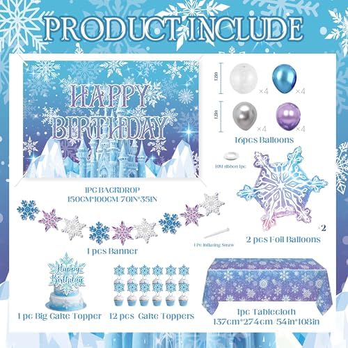 Frozen Birthday Party Decorations For Girls,Happy Birthday Backdrop,Banner,BlueBalloons,Table Cloth,Paper pom poms Party Supplies for Women - Image 2