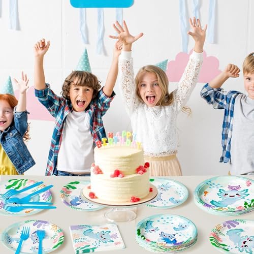 96Pcs Blue Axolotl Cute Cartoon Animals Party Plates Supplies Tableware Decorations Disposable Paper Plates Napkins Forks for Kids Birthday Baby Shower, Serves 24 - Image 6