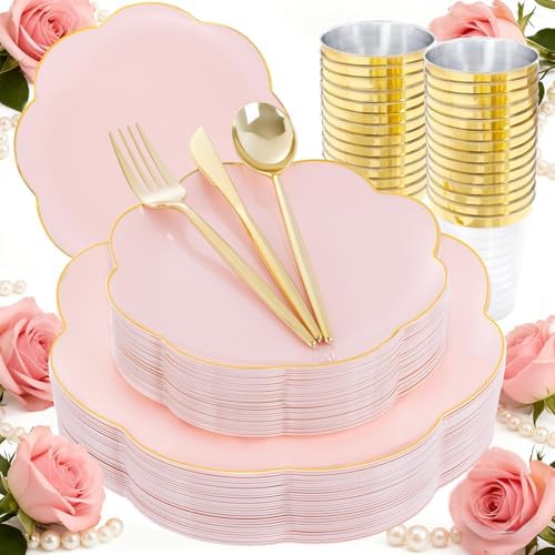ejonirinjonir 180pcs Fancy Pink and Gold Plastic Plates for Wedding Showers by Ejonirinjonir