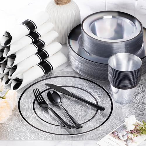 Goodluck 350 Pcs Clear Plastic Plates with Black Rim, Plastic Dinnerware - Image 5