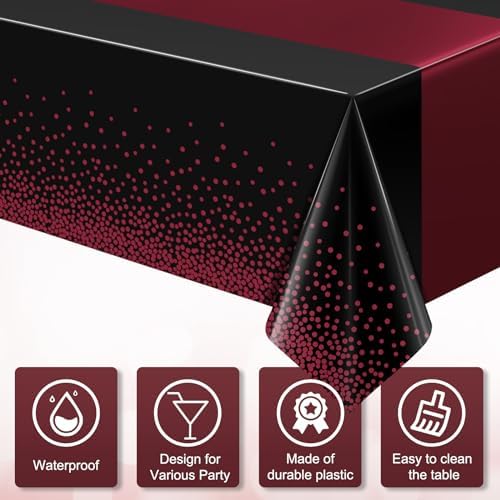 MASHAN 6Pcs Black Maroon Tablecloths, Rectangular Plastic Table Covers, 54x108 Inch, Polka Dot, Stain Resistant, Party Decorations - Image 3