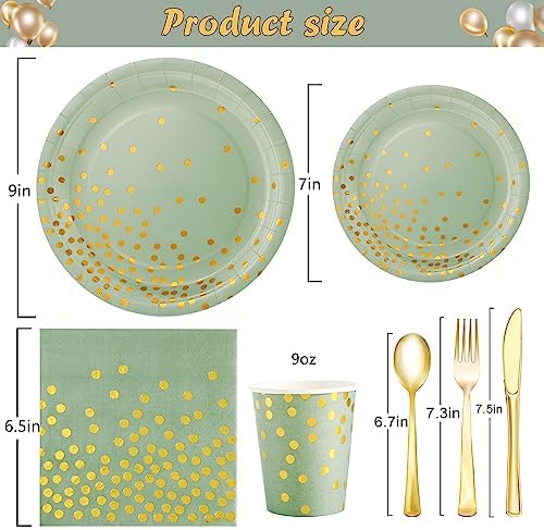 175 Pcs Sage Green Plates and Napkins Party Supplies - Sage Green Paper Plates Serve 25 Guests - Sage Green and Gold Disposable Plates Sets for Holiday Wedding Birthday Party Decoration - Image 2