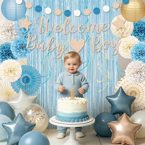 Dusty Blue Baby Shower Decorations with Banner Fringe Curtains - Image 5