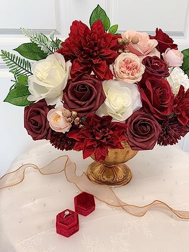 FACINOC Roses Artificial Flowers Red Bouquet Box Set Fake Flower for DIY Bridal Wedding Shower Decorations Centerpieces for Table Faux Silk Floral Arrangement for Party Home Decor Indoor Burgundy - Image 4