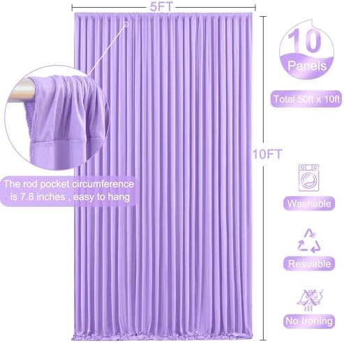 10 Panels Lavender Backdrop Curtain for Parties Wedding Wrinkle Free Light Purple Photo Curtains Backdrop Drapes Fabric Decoration for Baby Shower Photoshoot 50ft(W) x 10ft(H) - Image 5