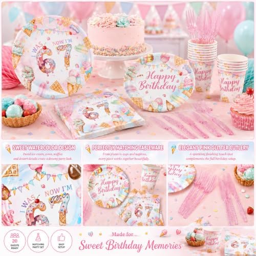 120PCS Ice Cream 7th Birthday Party Supplies, Pastels Sweet Treats I Was 6 Now I'm 7 Tableware Set, Girls Summer Birthday Decoations Disposable Paper Plates Napkins Cups Knives Forks for 20 Guests - Image 6