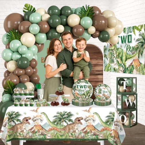 286 pcs Two Rex Birthday Decorations Boy, All-in-One Dinosaur 2nd Birthday Decorations Set for 25 Guests with Balloon Arch, Candle, Banner, Tablecloth, Backdrop, Cupcake Toppers, Thick Plates - Image 5