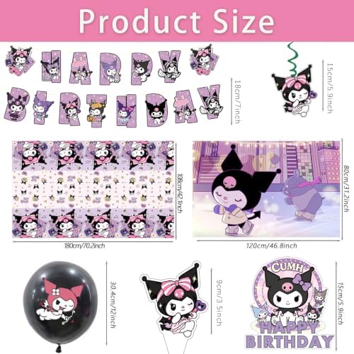 For kuromi Party Supplies, 49 PCS Birthday Decorations Set Include Banner, Balloons,, Hanging Swirls, Cake Cupcake Toppers, Tablecloth for Boys Girls Cat Theme Party - Image 2
