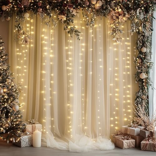 Tulle Backdrop Curtain with Lights 10x8FT Champagne Sheer Curtains - Image 6