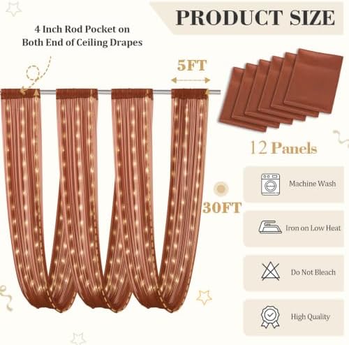 12 Panels Terracotta Ceiling Curtains with Lights for Weddings - 5ftx30ft Wrinkle-Free Tulle Fabric Wedding Arch Draping Ceiling Drapes Decorations for Wedding Party Ceremony Stage Tent Event - Image 4