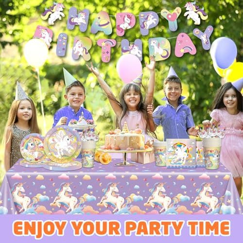 146Pcs Unicorn Plates and Napkins Party Supplies Includes Plates, Napkin, Fork, Cup, Straw, Tablecloth, Banner for Unicorn Baby Shower Birthday Party Decorations, Serves 24 - Image 7