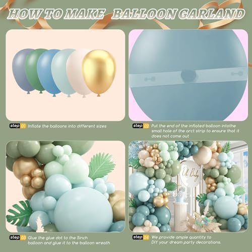412Pcs Dusty Blue Green Balloon Garland Arch Kit,Haze Fog Blue Ash Mist Sage Green Sand White Gold Balloons Different Sizes Matte Latex Balloons for Baby Shower Birthday Wedding Party Decorations - Image 3