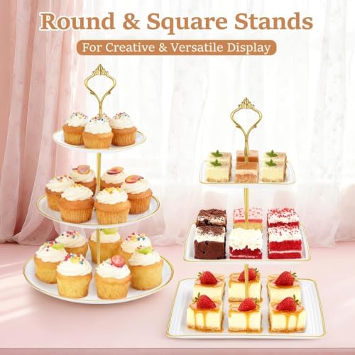 13 Pcs Dessert Display Set, 6 3-Tier Cupcake Stands, 4 Trays & 3 Tongs - Image 5