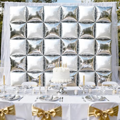 NISOCY 25PCS Metallic Silver Pearl White Square Foil Balloons Wall Backdrop - Image 5