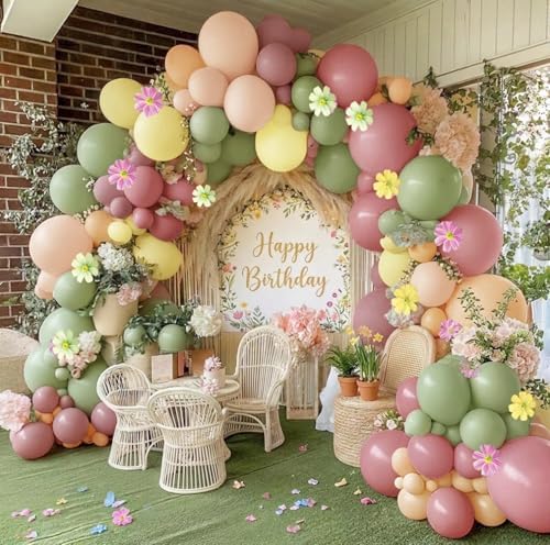 Pastel Pink Yellow Green Balloon Arch with Artificial Flower Double Stuffed Dusty Green Pink Peach Mauve Balloon Garland Kit for Tea Party Wildflower Spring Birthday Baby Shower Fairy Party Decor by DOUBLELAYERBALLOON
