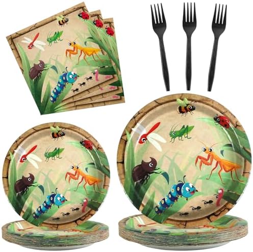 Qyeahkj 100 Pcs Bug Party Plates Napkins Supplies, Spring Summer Ladybugs Bee Reptile Birthday Party Tableware Set Insect Birthday Party Decorations Favors for Boys Girls Serve 25 by Qyeahkj