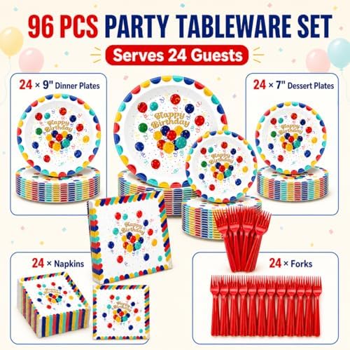 Birthday Party Supplies for 24 Guests – 96-Piece Disposable Party Tableware Set with Plates, Birthday Plates and Napkins, Forks, Colorful Balloons Party Supplies, Heavy Duty for Kids & Adults - Image 2