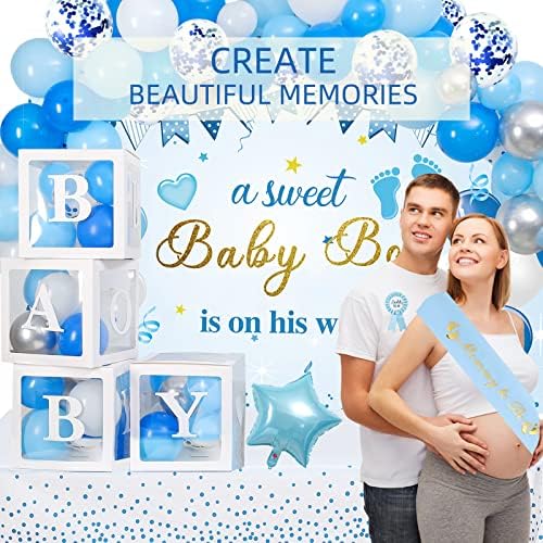 Baby Shower Decorations for Boy, Blue Baby Party Decor Kit with Balloons Boxes, Blue Balloon Garland Backdrop Banner and Tablecloth and Baby Shower Sash, Baby Boy Shower Decorations - Image 7
