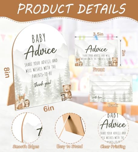 Woodland Adventure Baby Shower Games, Forest Animals Advice For Parents To Be, 6x8 Inch Arch Wooden Sign With Stand And 50 Advice Cards, Gender Reveal Party Supplies & Decorations -LN010 - Image 2