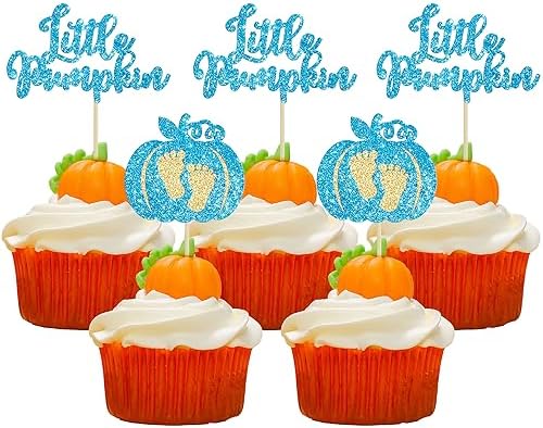 Ephlyn 24Pcs Little Pumpkin Cupcake Toppers Glitter Pumpkin Cupcake Picks Little Pumpkin Boy Baby Shower Decorations Fall Harvest Theme Baby Shower Kids Birthday Party Supplies Blue by Ephlyn