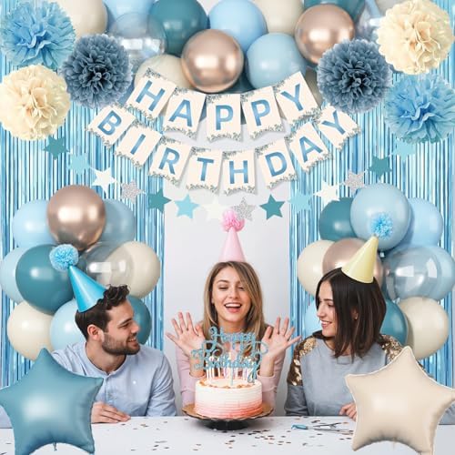 Blue Birthday Decorations, Retro Dusty Blue Sand White Gold Party Balloon Kit with Happy Birthday Banner Fringe Curtain Background Pom Poms Cake Topper for Baby Boys Girl Women Men Bday Decor Supplies - Image 5