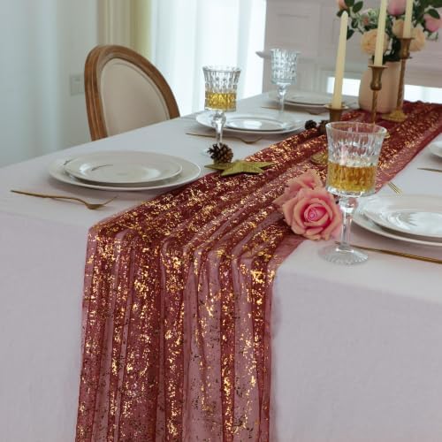 Snowkingdom 3Pcs 10Ft Burgundy Gold Gauze Sheer Table Runner - Image 4
