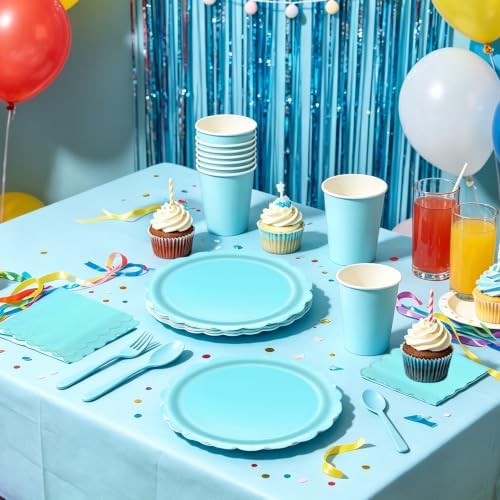 287PCS Blue Party Decorations Set, Complete 25 Guests Disposable Tableware Kit with Plates Cups Napkins Cutlery, Tablecloths, Foil Curtains, Balloon Boxes & Mixed Size Balloon Arch Kit - Image 6