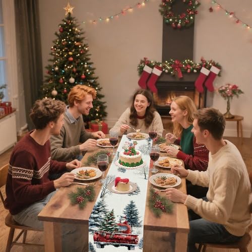 Winter Table Runner, Seasonal Christmas Kitchen Table Decoration, Suitable for Winter ChristmasFamily Gathering Indoor 13x72 inches (13x72 inches, red car) - Image 2