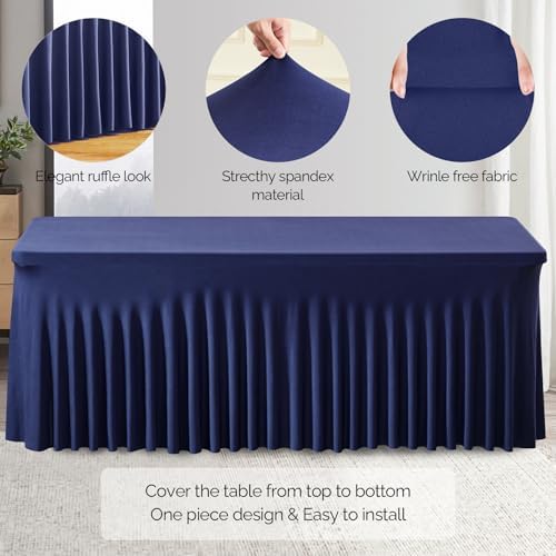 Wish Care 2 Pack Navy Blue Stretch Spandex Table Clothes for 6 Foot Rectangle Tables, 6FT Wrinkle Free Fitted Tablecloths Ruffles Design Table Cover for Party, Banquet, Wedding and Events - Image 2
