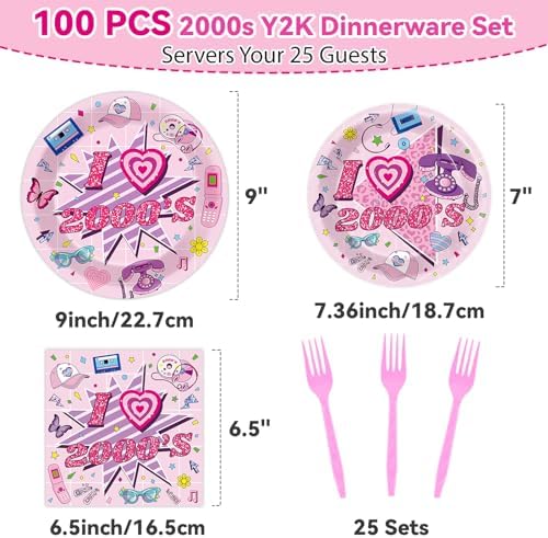 Qyeahkj 100Pcs 2000s Y2K Pink Decorations Party Supplies 90s Plates Napkins Disposable 1990s Tableware Dinnerware Birthday for 90's Kids Bachelorette Favor - Image 2