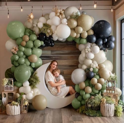 Black Sage Green Nude Balloon Garland Double Stuffed Olive Green Sand White Balloon Avocado Apricot Black Latex Arch Kit for Jungle Safari Wild One Birthday Baby Shower Halloween Decorations - Image 5