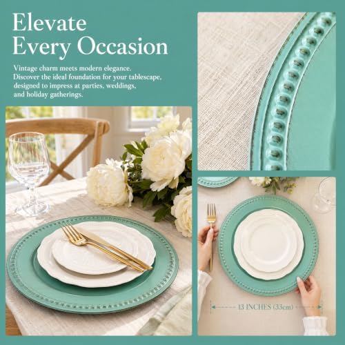 Antique Green Charger Plates,13 Inch Vintage Dinner Plate Chargers Round Server Ware.Set of 6 Plastic Beaded Chargers for Dinner Plates, Party, Wedding(Turquoise) - Image 3