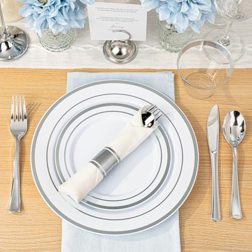 BESTVIP 700 Piece Silver Plastic Dinnerware Set for 100 Guests - Image 6