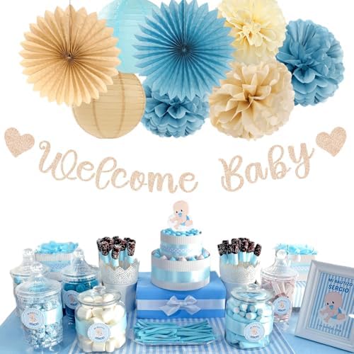 Light-Dusty Blue Beige-Champagne Baby-Shower Party-Decorations - 31pcs Welcome Home Banner Sign,Boy Paper Lanterns,Neutral Streamers Garland,Boho Tissue Pom Poms Flowers Fans Backdrop Decor Burgleda - Image 4
