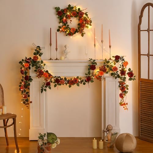 Garisey 5FT Terracotta Artificial Flower Garland Fall Floral Garland Burnt Orange Arch Rose Vine for Wedding Ceremony Party Backdrop Decor Arch Flowers Mantel Table Centerpieces Decorations - Image 4