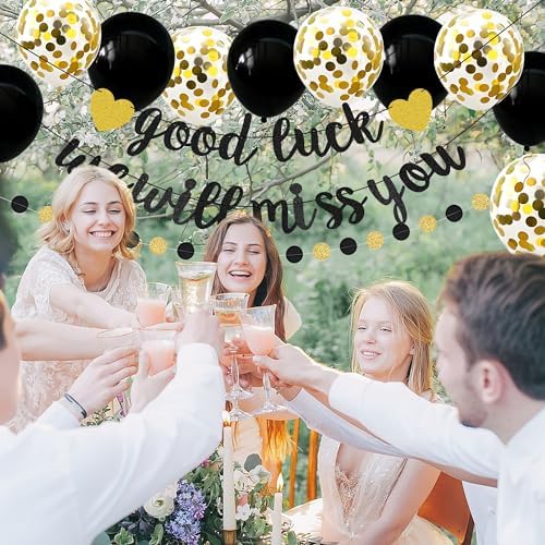 Good Luck We Will Miss You Banner Glitter Black Gold Banner Balloon Garland Decorations Supplies for Retirement Party Goodbye Party Going Away Party Graduation Leaving Away Office Home Farewell Party - Image 6
