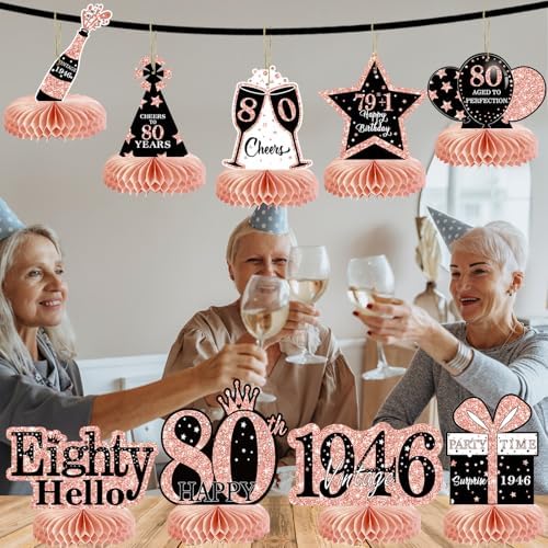 9Pcs 80th Birthday Decorations Honeycomb Centerpieces for Women, Rose Gold Happy 80th Birthday Centerpieces Tables Toppers Party Decorations Supplies, Vintage 1946 Aged Table Sign Decor - Image 6