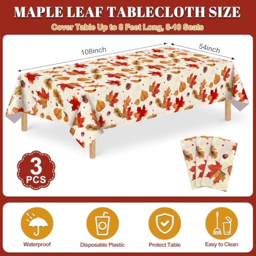 3Pack Fall Plastic Tablecloths, 54 X 108In Autumn Maple Leaves Tablecloth - Image 2