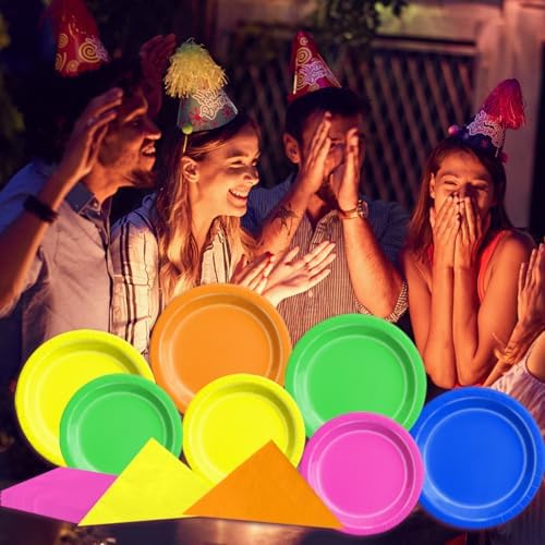 CMUSKO Glow in the Dark Party Supplies - 60Pcs Neon Party Plates & Napkins Set 80s Neon Let's Glow Themed Tableware for Birthday - Image 3