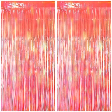2 Pack Orange Party Streamers Backdrop Curtains, 3.3x8.2ft Holographic Tinsel Foil Curtain Photo Booth Props for Birthday, Wedding, Holiday Celebration, Bachelorette, Theme Decorations by JustShimmer