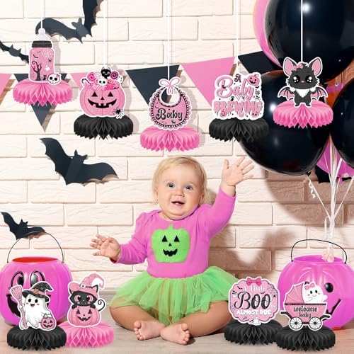 9Pcs Halloween Baby Shower Decorations A Little Boo is Almost Due Baby Shower Black pink Halloween Honeycomb Centerpieces Decorations for Gender Reveal Party Favor Supplies - Image 5