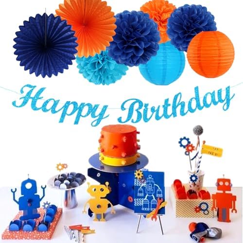 Royal-Light Blue Orange Happy-Birthday Party-Decorations - 31pcs Men Boys Paper Lanterns Streamers Banner,Navy Tissue Flowers Pom Poms Fans Tassels Garland Decor Backdrop Supplies Hugmoon - Image 5