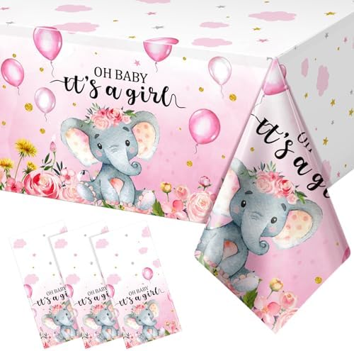3 Pack Elephant Baby Shower Decorations - Plastic Tablecloth Table Cover Backdrop for Boy Girl Gender Party Supplies, 54 x 108 Inch, Pink by EnjoyYourFunnyParties