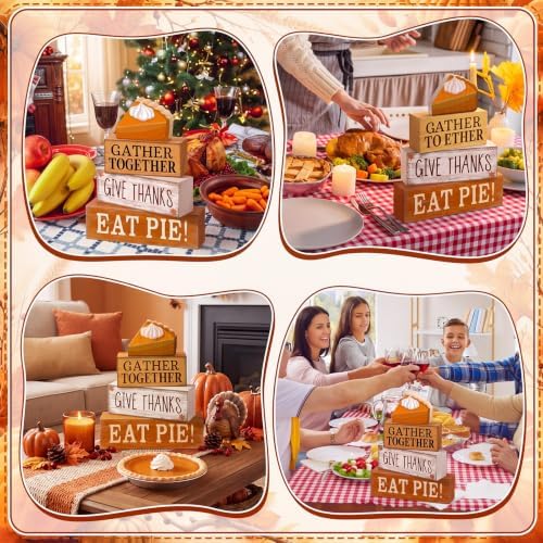 Moucuny 4 Pcs Fall Coffee Table Decor Wooden Pie Topper Thanksgiving - Image 5