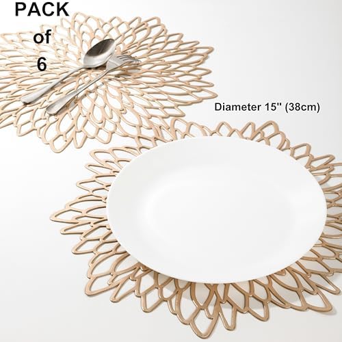 Snowkingdom 6 Pack Gold Placemats Metallic Pressed Vinyl Round Leaf Plastic Dinning Table Place Mats Fancy Decorative for Wedding Christmas Thanksgiving Holiday Spring Outdoor - Image 2
