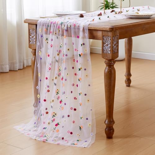 JIALE Pink Floral Table Runner, Embroidery Daisy Seasonal Table Decorations, 120Inch 10FT Tulle Fabric for Home Decor, Bridal Shower Wedding, Baby Shower Parties, DIY Craft - Image 5