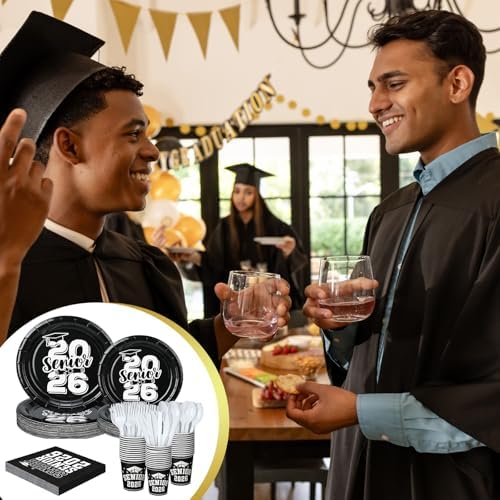 Yungyan 252 Pcs Senior 2026 Graduation Party Tableware Set Black and White Class of 2026 Grad Paper Plates Napkins Cups Forks Knives Cutlery for Graduate Party Decorations Supplies,Serve 36 - Image 4