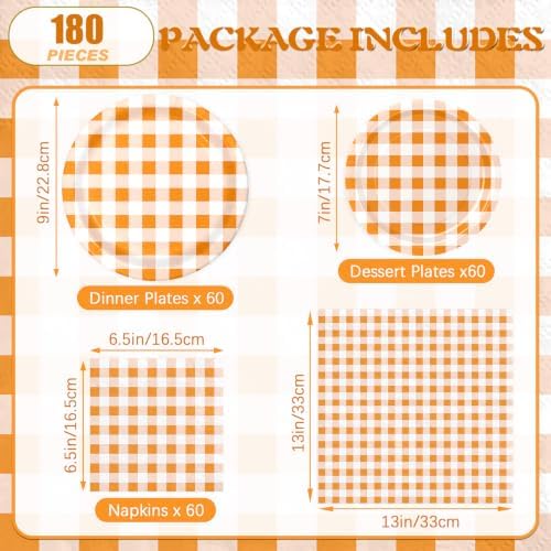 180Pcs Orange Gingham Party Supplies Paper Plates and Napkins Serve 60 - Image 2