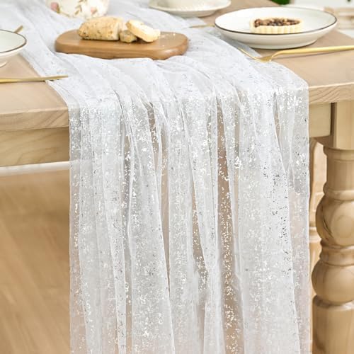 Artoid Mode White Silver Gauze Table Runner 59x120 Inch 10FT, Glitter Metallic Foil Sheer Dining Holiday Wedding Anniversary Birthday Table Decor for Home Party by ArtoidMode