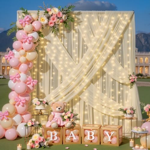 Champagne Tulle Photo Backdrop Curtain with Lights String for Parties Wedding Bridal Shower Sheer Champagne Curtain Backdrop for Birthday Baby Shower Photo Booth Photography 10ft x 8ft - Image 2